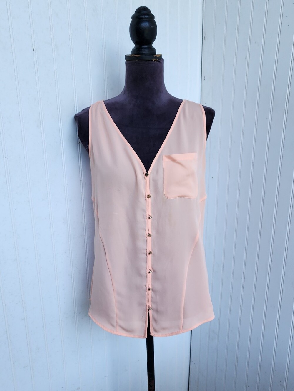 Bebe Blouse Womens Pink Peach Sheer Lace Back Pleats Button Sleeveless Top Sz M